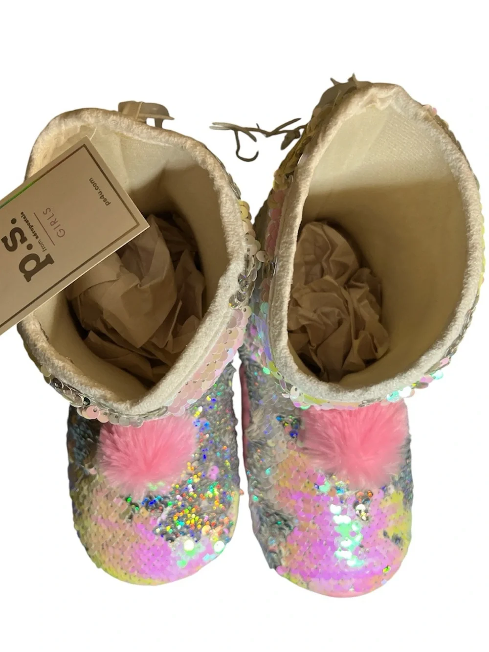 P.S. Aeropostale Kids Sequin Pom-Pom Boots - Pink Multicolor L M